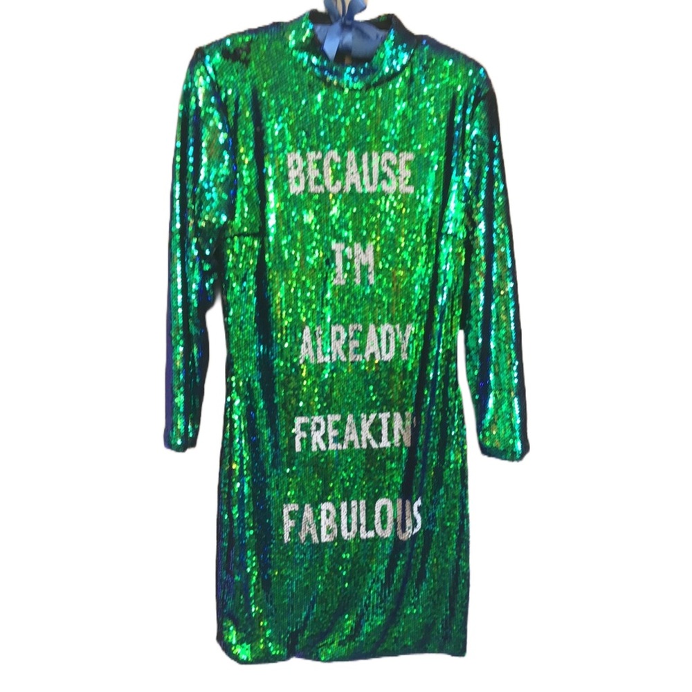 Party-time: Sequined and Inscribed Green and Blue Shimmering Cocktail Dress